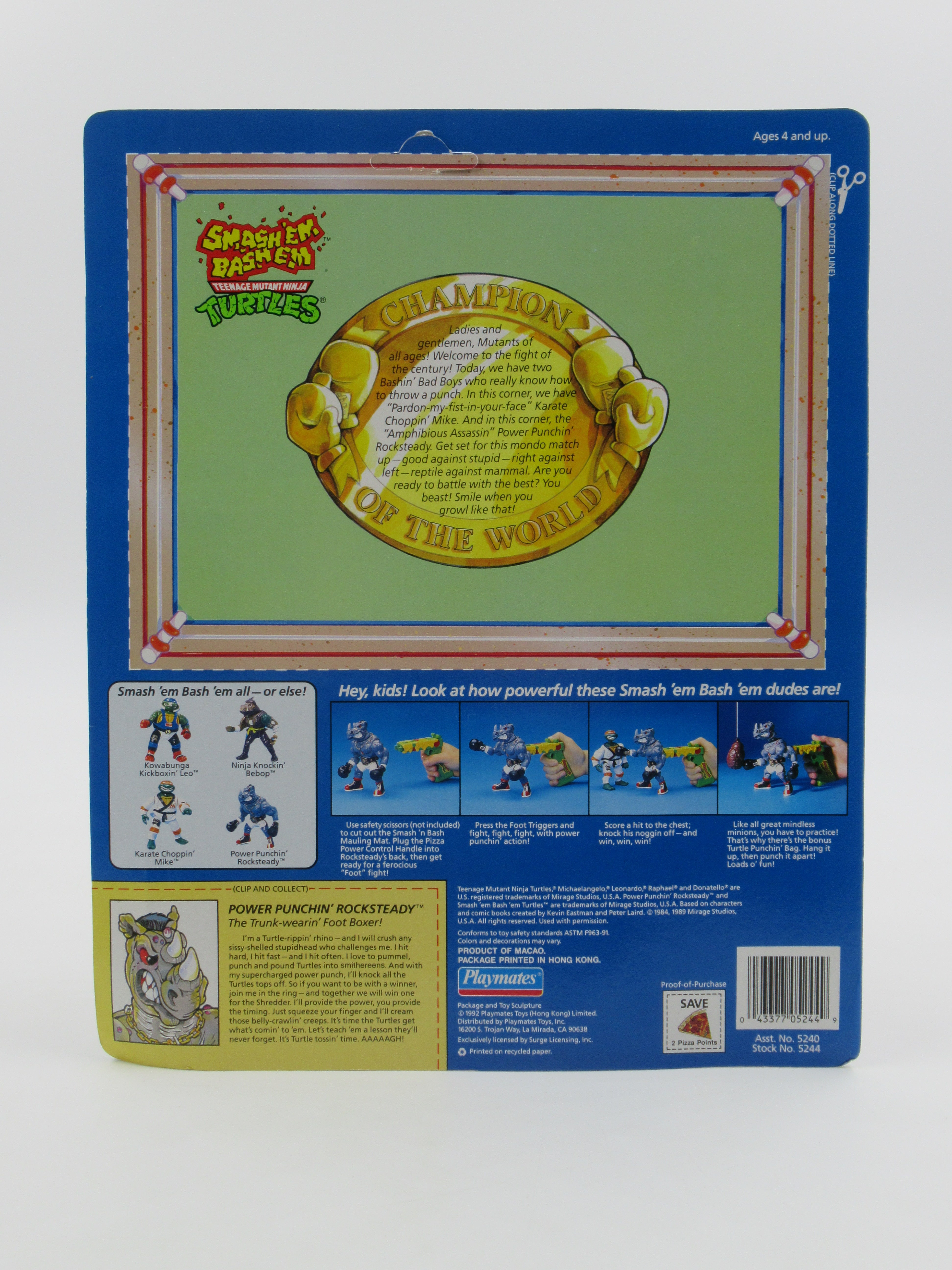 Teenage Mutant Ninja Turtles Power Punchin' Rocksteady Smash 'Em Bash 'Em 5.5" Figure TMNTs - Playmates (1992)